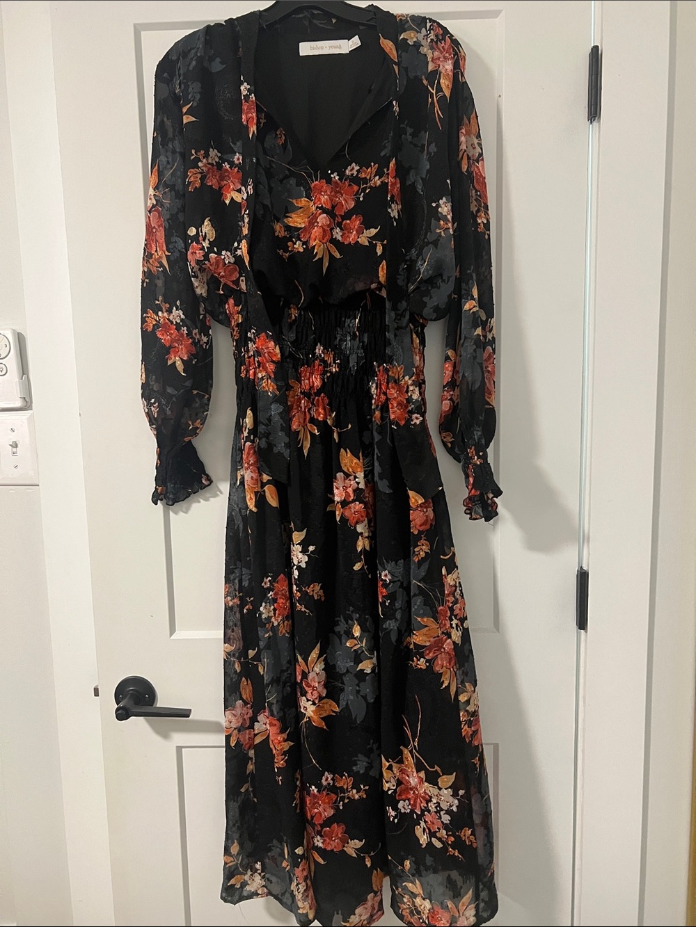 bishop + young Black Floral Midi Dress with Rust & Gold Blooms